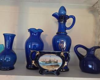 Cobalt Blue Glass Ewer and Vases with "Steamer St. Lawrence" Souvenir Dish