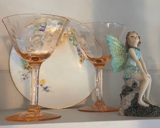 Pink Depression Glass Etched Floral Coupe Glasses