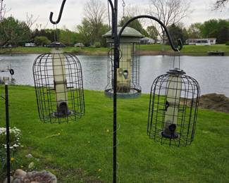 Metal Bird Feeder Pole with Two Caged Feeders and One Large Hopper Feeder
