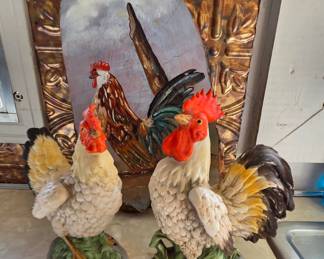Pair of Ceramic Roosters with Painted Wood Panel