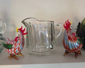 Murano Style Glass Rooster Figurines and Hexagonal Glass Creamer