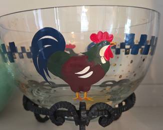 Lenox Morning Sunshine Rooster Hand-Painted Glass Punch Bowl with Metal Stand