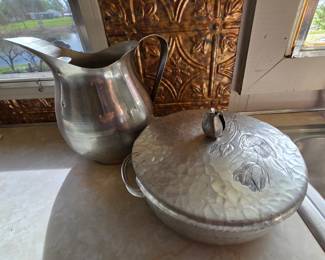 Rodney Kent Hammered Aluminum Pitcher and Covered Casserole Dish with Floral Motif