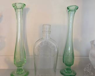 Set of 2 Green Uranium Glass Bud Vases and "Great Seal" Medicine Bottle