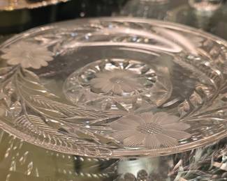 Cut Crystal Glass Cake Stand with Floral and Starburst Etching