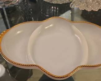 Fire-King Oven Ware Divided Relish Tray with Gold Trim
