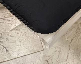 Clear Acrylic Vanity Stool with Black Damask Upholstery and Rope Trim