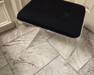 Clear Acrylic Vanity Stool with Black Damask Upholstery and Rope Trim