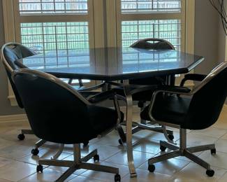 Octagonal Granite Top Dining Table with Four Swivel Chairs - Chromcraft Style