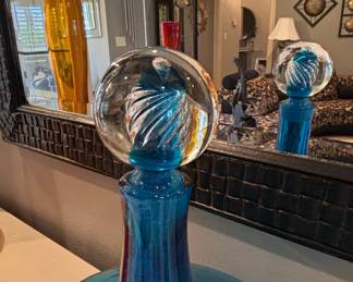 Blenko Blue Glass Decanter with Air Twist Swirl Stopper