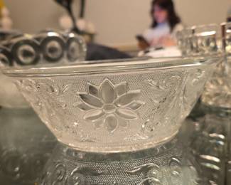 Indiana Glass Tiara Sandwich Clear Footed Bowl with Floral Motif