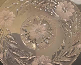 Cut Crystal Glass Cake Stand with Floral and Starburst Etching