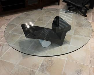 Postmodern Black Marble and White Pedestal Coffee Table