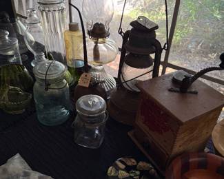 Antique Coffee Grinder, Kerosene Lamps