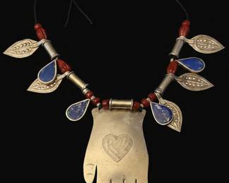 Hand Pendant Necklace with Lapis Lazuli and Coral Beads, Tibetan Silver