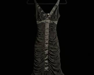 Black Ruched Cocktail Dress with Satin Panel and Ruffled Hem