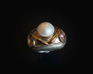 Sterling Silver and Pearl Ring with Pink Tourmaline Accents