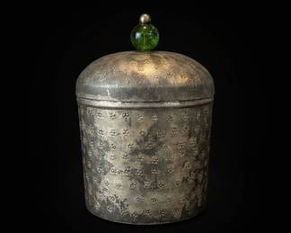 Embossed Tin Jar with Green Glass Finial
