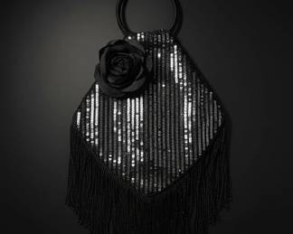 Black Sequined and Beaded Fringe Flapper Handbag with Rosette