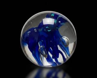 Glass Art Paperweight with Blue Swirls and Glitter Inclusions Likely Murano Style