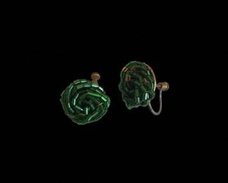 Vintage Green Beaded Swirl ScrewBack Earrings