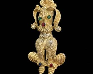 Textured GoldTone Poodle Brooch with Colored Stones