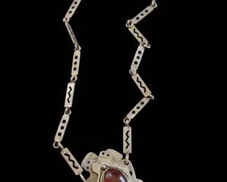 Sterling Silver and Carnelian Pendant Necklace MidCentury Modernist