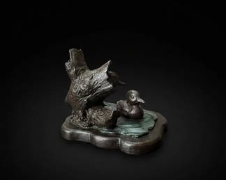 Bronze Duckling and Wood Sculpture