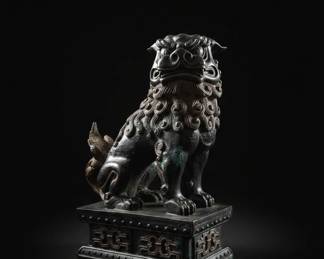 Bronze Foo Dog Statue with Verdigris Patina