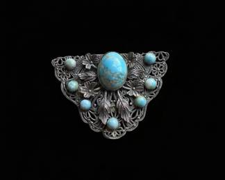 Vintage Sterling Silver Turquoise Filigree Brooch