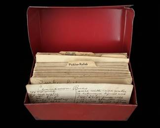 Vintage Red Metal Recipe Box with Handwritten Recipes and Chef Graphic second image