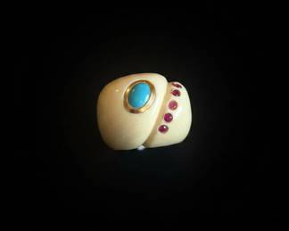 Vintage Carved Ivory Ring with Turquoise and Rubies