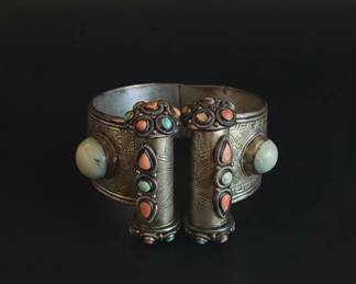Antique Tibetan Silver, Turquoise, and Coral Cuff Bracelet