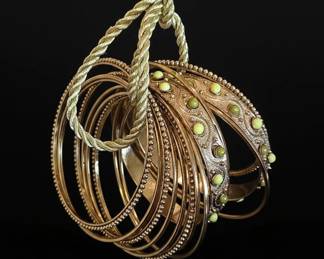 Set of GoldTone Bangle Bracelets with Green Cabochon Accents