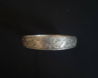 Vintage Sterling Silver Bangle Bracelet with Bird Motif and Toggle Clasp