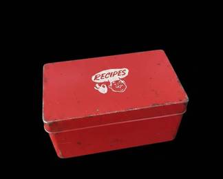 Vintage Red Metal Recipe Box with Handwritten Recipes and Chef Graphic