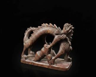 Pair of Hand Carved Wooden Dragon Figurine G Collection