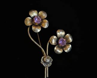 Vintage Floral Brooch with Purple Rhinestones