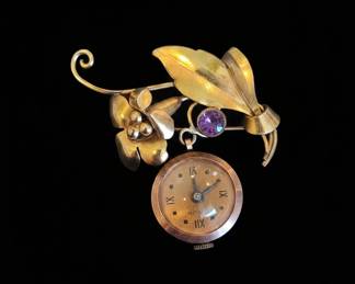 Vintage Genu Gold Filled Art Nouveau Floral Brooch Watch with Amethyst