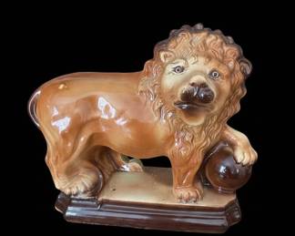 Staffordshire Lion with Paw on Ball Figurine