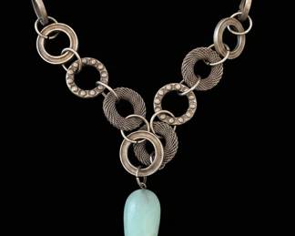 Mixed Metal Link Necklace with Aquamarine Pendant by UNO de