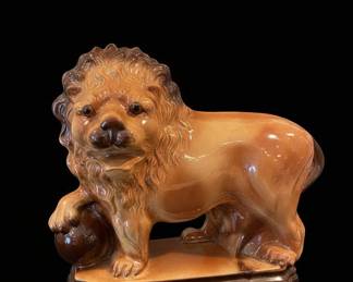 Vintage Ceramic Lion with Ball Figurine