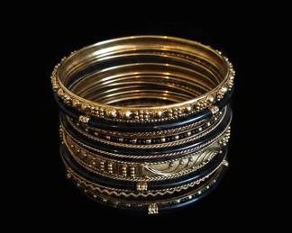 Set of GoldToned and Black Enamel Indian Bangle Bracelets