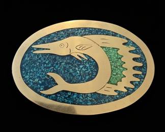 Mexican Sterling Silver and Turquoise Inlay Belt Buckle