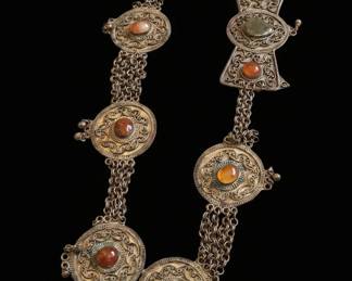Vintage Turkmen Silvered Bronze Belt with Carnelian and Green Stone Accents