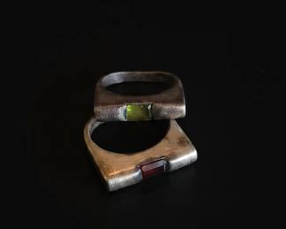 Pair of Sterling Silver Signet Rings with Inlaid Stones