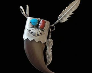 Native American Sterling Silver Bear Claw Pendant with Turquoise and Coral