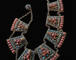 Tibetan Coral and Turquoise Necklace with Deity Figures