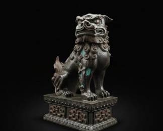 Bronze Foo Dog Statue with Verdigris Patina
