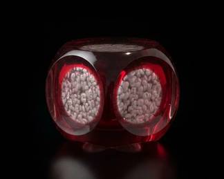 Ruby Red Cut to Clear Glass Paperweight with Etched Dragonfly